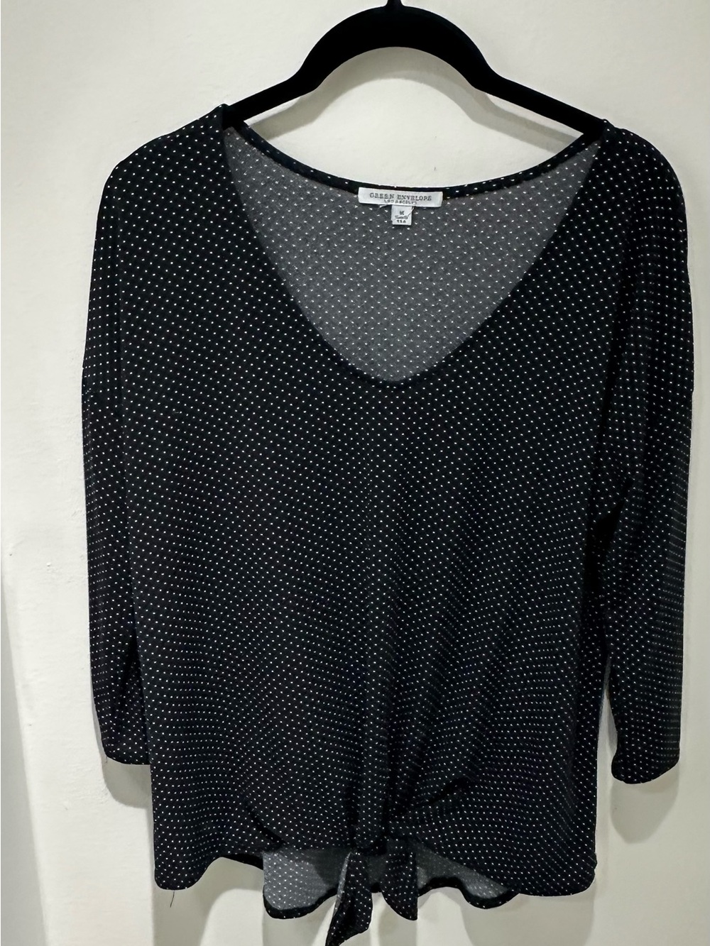 Green Envelope Black Polka Dot Tie-Hem Blouse